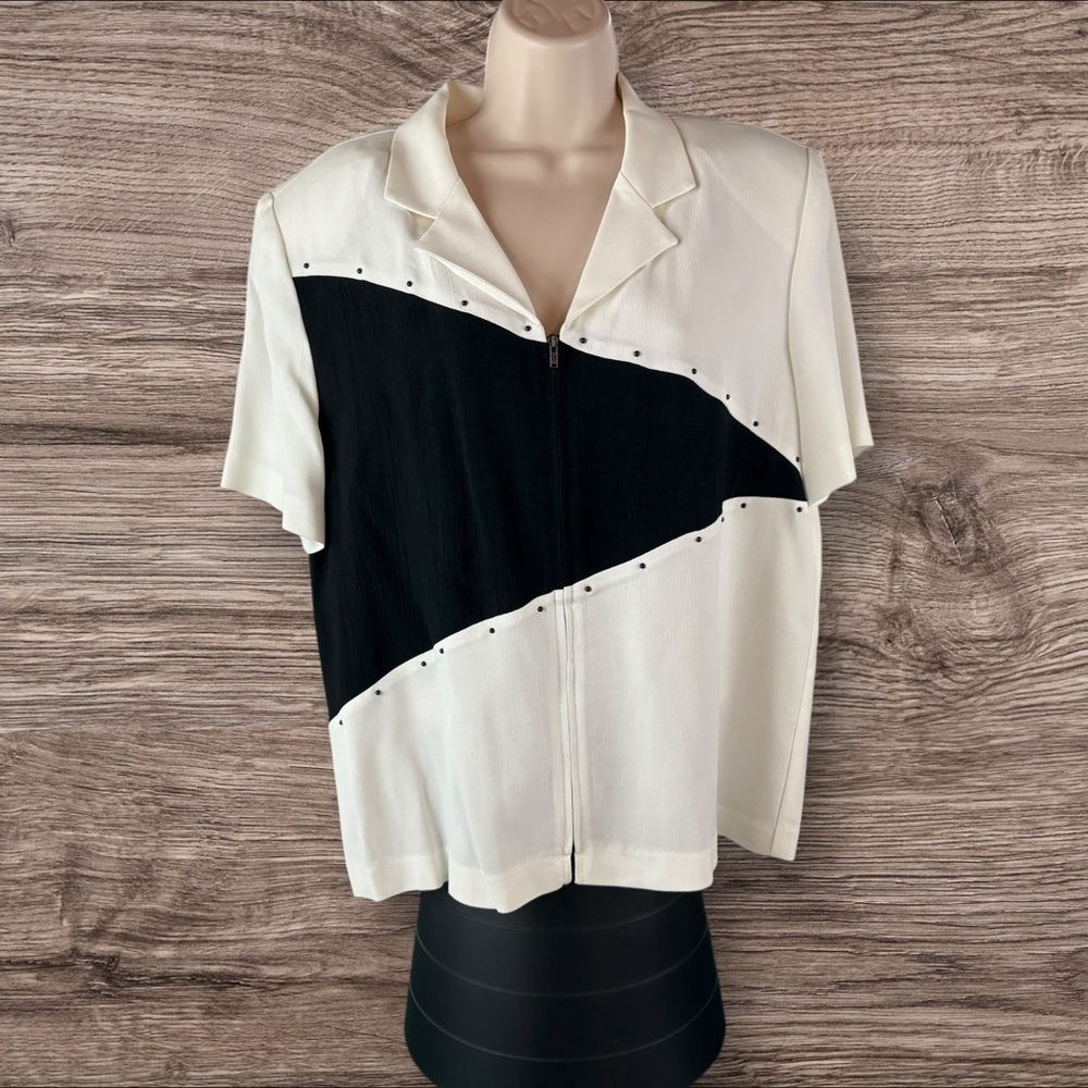 Dana Kay Cardigan Womens Size 14 Black White Zipper Shoulder Pads (202)